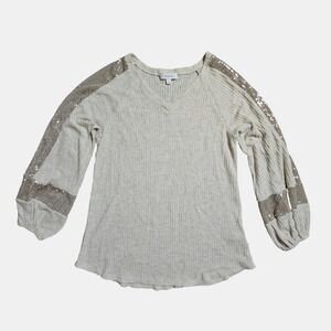 Hailey & Co Waffle Knit V-Neck Sweater‎ Top S Balloon Sleeve Boho Minimalist